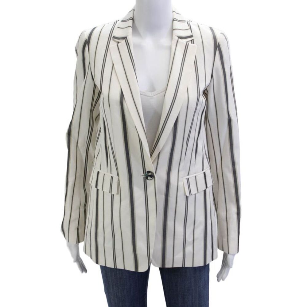 Lafayette 148 New York Womens Striped One Button Long Sleeve Blazer White Size 2